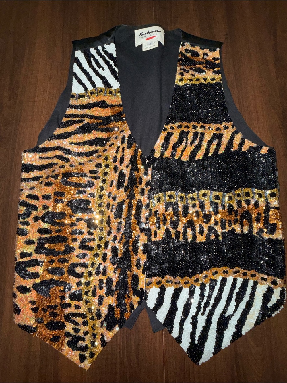 Vintage Fashion Fantasy Sequin Beaded Vest Animal Print Black Gold Large